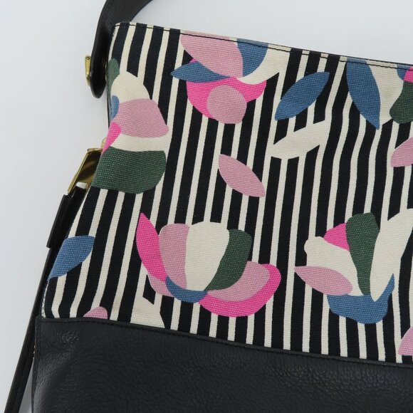 Fossil Maya Hobo Black Pebbled Leather Stripe Flower Floral Canvas Shoulder Bag - Picture 2 of 16